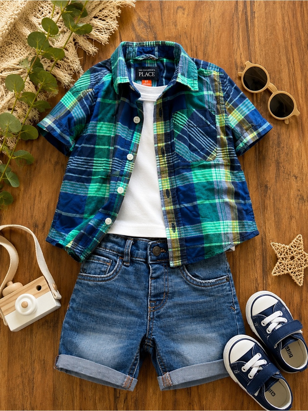 Stylish Toddler Boy Plaid Shirt & Denim Shorts Outfit Set 2T